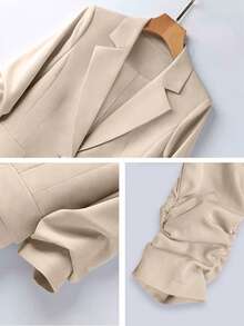 Conjunto de mujer primavera/verano ligero para ir al trabajo con blazer de diseño plisado, manga 3/4, holgado, de un solo pecho, un botón, con bolsillos reales y pantalones largos - Albaricoque - Ver 6