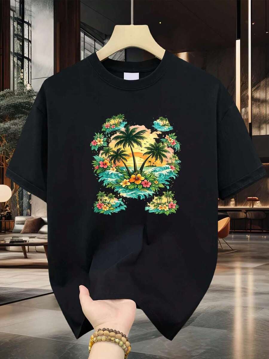 Camiseta para hombre con diseño de puesta de sol tropical, que incluye palmeras, olas y flores de hibisco.Confeccionada con algodón puro de alta calidad, esta prenda casual duradera y elegante es perfecta para los amantes de la moda. - Negro - Ver 1