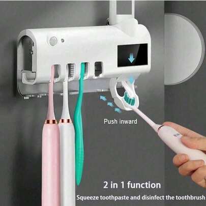 Wireless Wall-Mounted Toothbrush Holder, Ultraviolet Sterilizer, Wall-Mounted 4-Slot Toothbrush Intelligent Disinfection Toothpaste Dispenser, Solar Panel Toothbrush Wall-Mounted Bracket, Intelligent Disinfection, Bathroom Accessories (White)