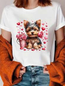 Women's T-Shirt With Yorkshire Terrier Graphic Print, Roses And Hearts, Short Sleeve, Round Neck, Casual Style For Spring And Summer, Soft, Medium Elasticity, Adorable Pet Design, Regular Fit, Pullover Style, Everyday Wear - 白色 - 查看 1