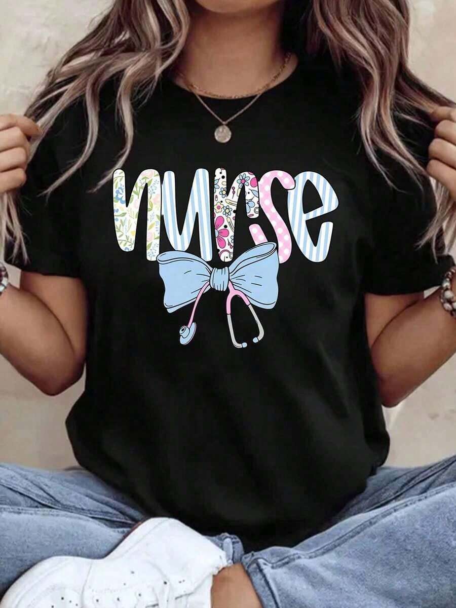 Women's Cotton T-Shirts, Nurse T-Shirt With Floral And Striped Design, Bow And Stethoscope, Gift For Nurses, Health Workers, Medical Professionals, For Nurse's Day Or Career Celebration, Basic Women's Blouses. - 黑色 - 查看 1