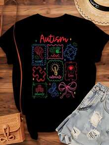 Women's Cotton T-Shirts For Autism Awareness Featuring Colorful Puzzle Pieces And Inspirational Words: Accept, Adapt, Advocate, Love, Educate. Perfect For Autism Awareness Month Or Everyday Wear, These Basic Women's Tops Support And Promote Autism Awareness. - 黑色 - 查看 3