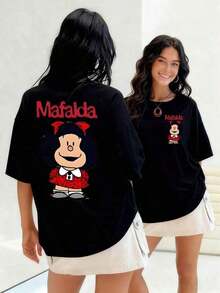 Women's Cotton T-Shirts. Iconic Cartoon Mafalda With Her Red Dress And Bow. Women's T-Shirt, Shows A Girl Who Represents Rebellion And Childhood Intelligence In Spanish, 100% Cotton. Basic Women's Blouses - 黑色 - 查看 6