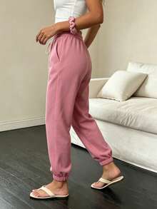 Stylish And Cute Lightweight Casual Pants With Multiple Pockets And Buttons, In A Y2K Style. Suitable For Back To School, Graduation, Clubs, Birthday Parties, Halloween, New Year's, Thanksgiving, Concerts, Gyms, Beaches, Vacations, Business, Everyday Wear At The Airport, Street Style, Teacher's Day, Spring, Summer, Fall, And Winter. - 藕粉色 - 查看 3
