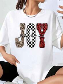 Joy Leopard Print T-Shirt With John 16:22 Bible Verse For Women, Plus Size Fashion Casual Top, Summer Clothes, Gift For Christian Believers - 白色 - 查看 7