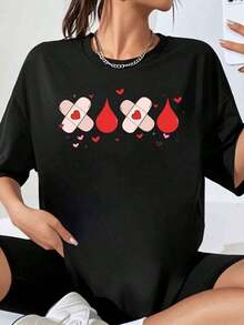 Women's Oversized T-Shirt With Bandage And Blood Drop Heart Design, Loose Fit Casual Top, Perfect For Valentine's Day And Everyday Wear - 黑色 - 查看 7