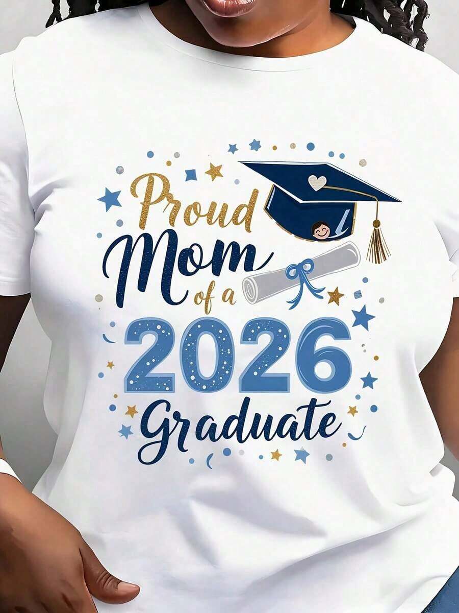 Modern And Minimalist Women's T-Shirt With "Proud Mom Of The Class Of '06" Print And Graduation Cap, Round Neck, Short Sleeves, Celebratory Graduation Gift For Mother Of Graduate, Casual For Everyday Wear - 白色 - 查看 1