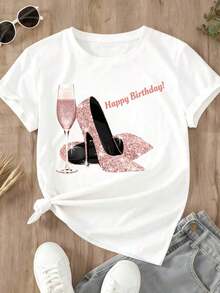 Women's Short-Sleeved T-Shirt With A Mexican Birthday Theme, Featuring A Sparkly Heel And Champagne Glass Print, And The Text "Happy Birthday" For Party Celebrations. Cotton T-Shirt, Summer Fashion. - 白色 - 查看 3