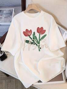 Modern And Minimalist Korean Style Women's Short-Sleeved White T-Shirt With Cactus And Tulip Print (Pink And Green), A Casual Summer Top Suitable For Everyday Wear. - 白色 - 查看 7