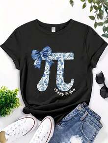 Mexican Women'S T-Shirt Featuring A HAPPY PI DAY 3.14 Design With A Blockchain Digital Art Motif And A Bow Print. This Soft, Skin-Friendly And White Round-Neck Short-Sleeve Tee Is Perfect For Casual Spring And Summer Wear And Makes A Great Gift - 黑色 - 查看 3