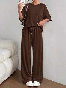 PRETTYGARDEN Women's Summer Clothes 2 Piece Sets Lounge For Short Sleeve Matching Airport Travel Outfits Casual Dark Brown Vacation Summer Brunch Outfits For Women Mothers Day Outfit - 深棕色 - 查看 4