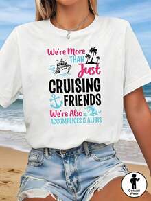 Women's T-Shirt, "Best Friends Trip, Friendship First" Print, "We're More Than Just Friends, We're Also Companions And Ally" Graphic, White Short Sleeve Crew Neck Printed T-Shirt - Machine Washable, Suitable For Spring, Summer And Autumn, Casual Style - 白色 - 查看 1