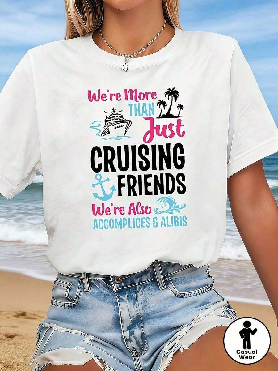 Women's T-Shirt, "Best Friends Trip, Friendship First" Print, "We're More Than Just Friends, We're Also Companions And Ally" Graphic, White Short Sleeve Crew Neck Printed T-Shirt - Machine Washable, Suitable For Spring, Summer And Autumn, Casual Style - 白色 - 查看 1