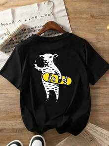 Women's Summer T-Shirt With Fun Goat On Skateboard Print, Short Sleeve, Round Neck, Soft And Comfortable, Casual Clothing - Urban Vintage Style, Unisex, Loose Fit Cotton Short Sleeve Round Neck T-Shirt - 黑色 - 查看 3