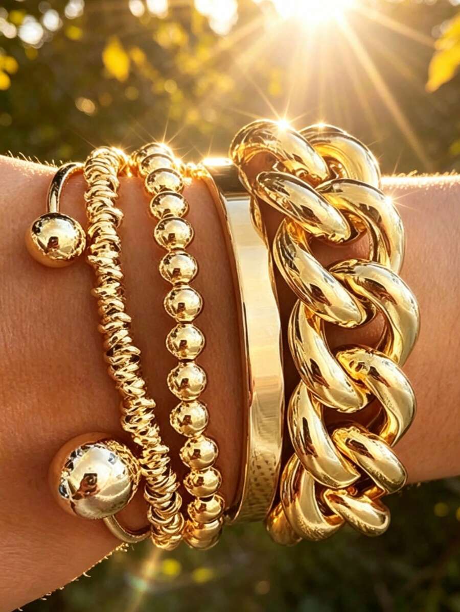 5pcs Vintage Coin Style Geometric Beaded Chain Bracelets Set, Minimalist Chunky Cuff Bangles, Elegant Retro Design, Suitable For Holiday, Party, Daily Wear, Autumn/Winter - Yellow Gold - View 1