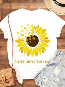 Sunflower Autism Awareness T-Shirt, Acceptance, Understanding And Love T-Shirt For Men And Women, Autism Support Gift, Summer Casual Wear, 220g - Urban Vintage Style, Unisex Short Sleeve Crew Neck T-Shirt Made Of 100% Pure Cotton - 白色 - 查看 4