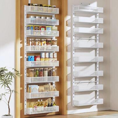 Organizadores y almacenamiento para puerta de despensa, estantería metálica grande de 8 niveles con marco resistente para especias sobre la puerta, estantería de pared o colgante 2 en 1 para cocina, baño, lavandería, dormitorio, armario, guardería