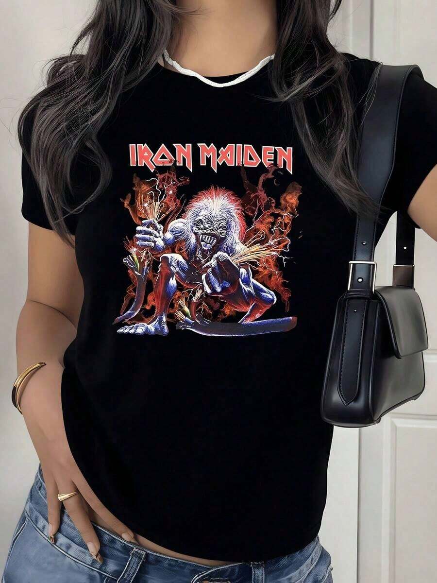 100% Cotton. Fiery Figure Of A Fantastic Creature Holding Lightning Bolts Symbolizing Power And Inner Energy. Women's T-Shirt, 100% Soft And Comfortable Cotton For Everyday Wear. Women's Simple Solid Color T-Shirt, Loose And Slim Fit Casual Short Sleeve - 黑色 - 查看 1
