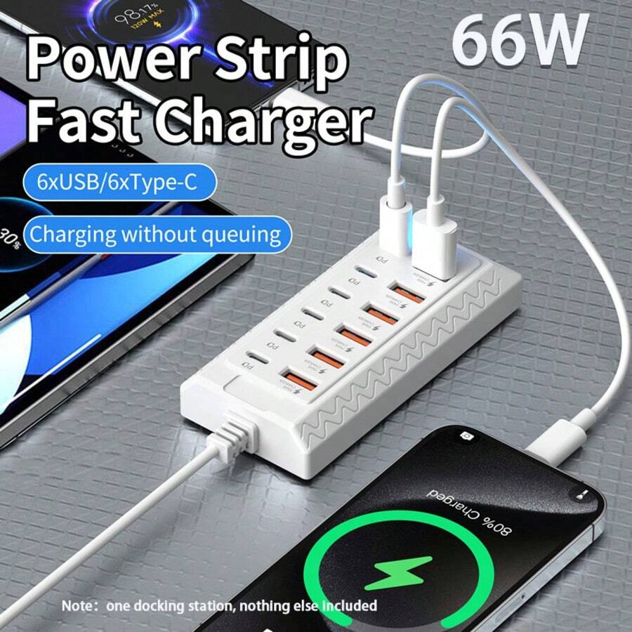 66W 12-Port USB Charging Station, 6 USB + 6 Type-C Fast Charging Adapter Hub For Smartphones, Tablets, Watches, Earphones - View 1