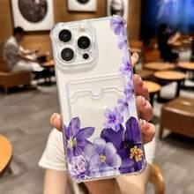 1 unidad Patrón floral morado delicado Funda para iPhone 16 E, protección anticaída con airbag reforzado en las cuatro esquinas, tarjetero invisible integrado en la parte trasera, compatible para tarjeta personal, carnet de conducir, tarjeta de acceso y tarjeta de transporte, funda protectora antigolpes portátil con ranura para tarjetas, diseño sencillo y elegante, ideal para uso diario, desplazamientos y viajes - transparente - Ver 1