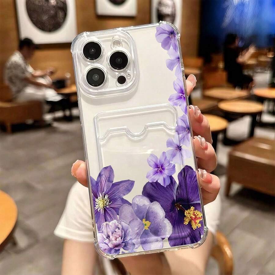 1 unidad Patrón floral morado delicado Funda para iPhone 16 E, protección anticaída con airbag reforzado en las cuatro esquinas, tarjetero invisible integrado en la parte trasera, compatible para tarjeta personal, carnet de conducir, tarjeta de acceso y tarjeta de transporte, funda protectora antigolpes portátil con ranura para tarjetas, diseño sencillo y elegante, ideal para uso diario, desplazamientos y viajes - transparente - Ver 1