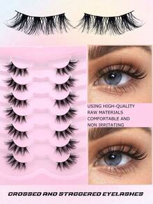 7 Pairs Natural Crossing Cat Eye Lashes, 3D Fluffy Curly Elongated Invisible Transparent Stem, Comfortable & Lightweight For Beginners, 10/16MM - Black - View 2