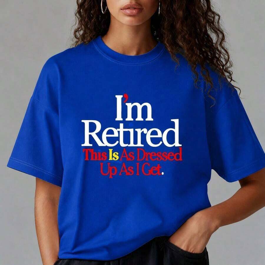 Women's Cotton T-Shirt, Print "I'm Retired, This Is How Elegant I Dress", Casual Loose Fit, Short Sleeve, Round Neck, Comfortable Top For Everyday Wear, Sizes M-5XL, Soft. - 藍色 - 查看 1