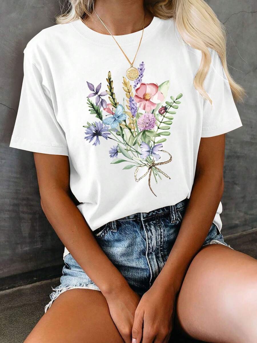 Graphic Print T-Shirt, Short Sleeve, Round Neck, Casual Top For Summer And Spring, Women's Clothing - White - View 1