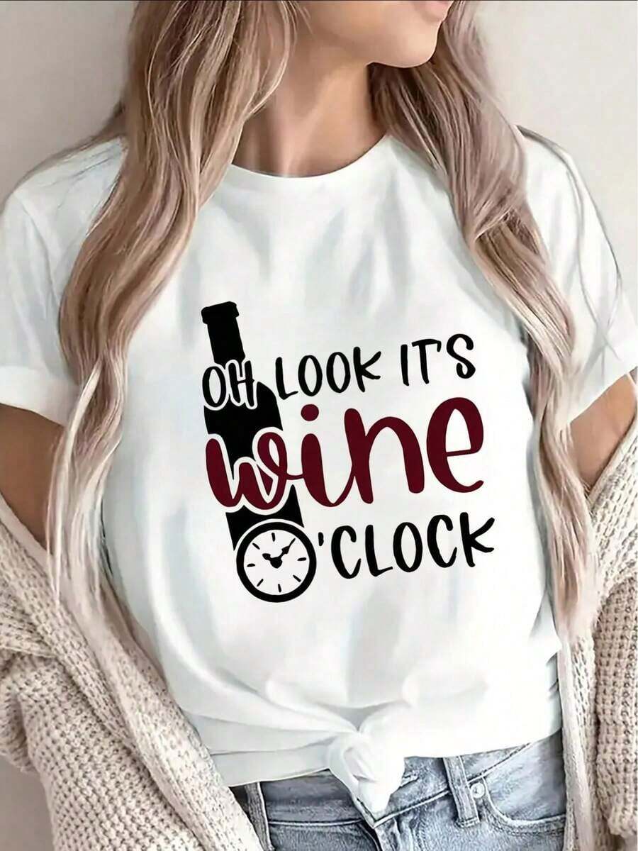 Women's Blouses. Short-Sleeved Polyester T-Shirt, Printed With The Design "Oh, Wine Time", Suitable For Wearing At Home, In Restaurants Or At Parties, Lightweight And Durable, The First Choice For Everyday Wear, Women's Clothing. - 白色的 - 查看 1