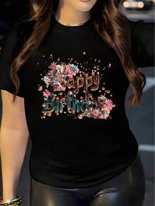 Women's Casual Short Sleeve Crew Neck Printed T-Shirt With Letter And Birthday Balloon Print, Ideal As A Spring/Summer Birthday Gift. Elegant Party Outfit, T-Shirt For Stylish Ladies, Blouses Suitable For Curvy Women, Casual Wear, Cool And Sweat-Free Summer Clothes, Fun Letter Print - 黑色 - 查看 1