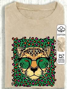 Maglietta casual da donna taglie forti con stampa leopardata e occhiali alla moda, scollo rotondo, maniche corte, per vacanze primavera/estate - Albicocca - Visualizzare 1