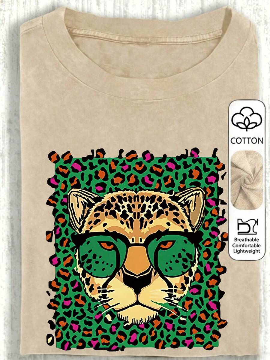 Maglietta casual da donna taglie forti con stampa leopardata e occhiali alla moda, scollo rotondo, maniche corte, per vacanze primavera/estate - Albicocca - Visualizzare 1