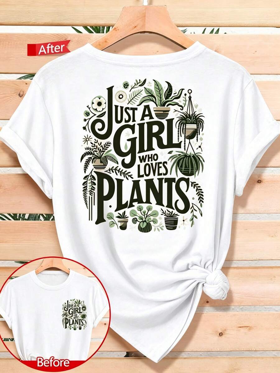 Women's Short Sleeve T-Shirt 2026 "Only Someone Who Loves Plants" Double-Sided Green Plant Art Style Print, Stylish And Versatile For Spring, Summer And Autumn, Casual And Sporty Style, Round Neck T-Shirt, Short Sleeve, Soft And Comfortable, Available In Size S - 白色 - 查看 1