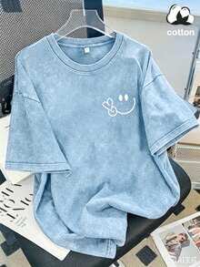 Vintage Washed Cotton Loose-Fit T-Shirt, Cute Face And Heart Print, Women's Casual Tree Style Short-Sleeve Top, Wrinkle-Resistant Washed Cotton T-Shirt Vintage Style--Everyday Outfit T-Shirt Women's Basic Tee - 水藍 - 查看 4