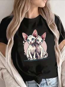This Lightweight, Short-Sleeved T-Shirt, Made From 100% Cotton, Features A Cute Cat Print And Is Perfect For Lounging At Home, Going To Cafes, Or Enjoying Outdoor Activities. It's Made From A Soft And Comfortable Material. This Casual And Comfortable Summer T-Shirt For Women Has A Round Neck And A Relaxed Fit. - 黑色 - 查看 1