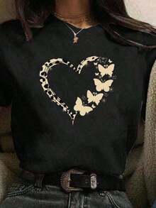 Women's Simple Casual Basic T-Shirt With Heart And Butterfly Print - Vintage Urban Style, Unisex, Cotton, Short Sleeve, Round Neck, Flash  Blouses, Pretty 100% Cotton - 黑色 - 查看 5