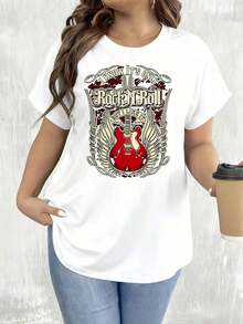 New 2026 Collection: Women's Cotton T-Shirt, Rock N Roll Band Design With Guitar Wings, Casual Wear For Daily Outings And Concerts, Home And Outdoor Use, Black And White Short Sleeve T-Shirt, Gift For Parties And Holidays - 白色 - 查看 1