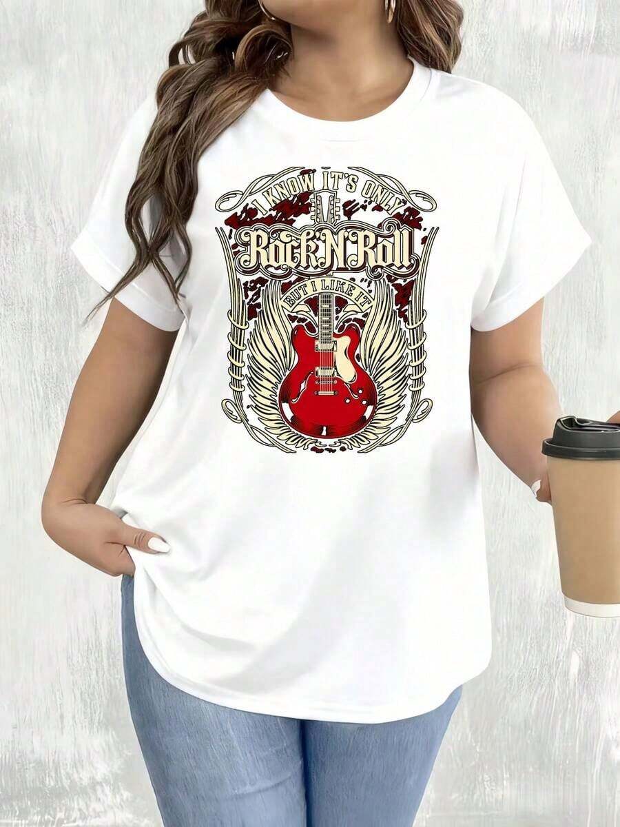 New 2026 Collection: Women's Cotton T-Shirt, Rock N Roll Band Design With Guitar Wings, Casual Wear For Daily Outings And Concerts, Home And Outdoor Use, Black And White Short Sleeve T-Shirt, Gift For Parties And Holidays - 白色 - 查看 1