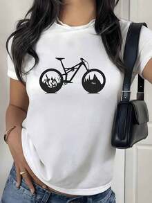 2026 New Cotton Shirt - 100% Cotton. Bicycle Formed By Mountain And Tree Landscapes Symbolizing Freedom And Connection With Nature. Women's T-Shirt, Soft And Comfortable For Everyday Wear. Women's Simple Solid Color Shirt, Loose And Casual Short Sleeve - 白色的 - 查看 12