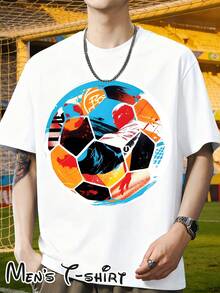 [Popular Licensed Design] Short-Sleeved T-Shirt With "Color Block Mosaic Style" Print, Artistic And Fashionable Outfit, Perfect For Casual Dinners And Sightseeing Walks, Football Collage Art Style, Suitable For Art Exhibitions, Casual Daily Wear, Student Outings And As A Gift For Football Art Fans. - 白色 - 查看 9