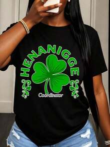 TrendyHenanigge T-Shirt With Shamrock Design, Outfit For St. Patrick's Day Party, Casual Women's Clothing, Irish Festival Celebration T-Shirt, Everyday Wear. - 黑色 - 查看 1