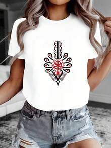 Women's Casual Short-Sleeved Crew Neck T-Shirt With A Traditional Slavic Graphic Print Featuring A Folk Amulet, The Sun Wheel, And Life Motifs. Perfect For Spring And Summer. Women's Casual Printed T-Shirt, Short-Sleeved Crew Neck, Local Streetwear For Spring/Summer. - 白色 - 查看 1