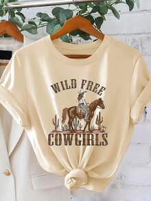 Women's Casual Summer T-Shirt, Western Cowgirl Print, American Retro Style, Short Sleeve T-Shirt For Women, Versatile Casual Spring/Summer Top, Unique Ranch Girl Style, Simple Round Neck, Comfortable And Breathable. - 黑色 - 查看 7
