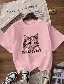 T-Shirt With Cat Print And "CREATIVITY" Text, Fashionable Short-Sleeved T-Shirt For Spring And Summer 2026, Made In Mexico, 180 Grams. Cartoon Print, Couple Design, Suitable For Indoor Or Outdoor Wear. Crew Neck, Unisex, Ideal For The Office And Leisure. One-Pack. - PK-P631577SLNDXZGY589 - 查看 4