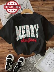 | Exquisite Design | Loose And Comfortable | Easy To Match | Women's Vintage Christmas Print T-Shirt - 100% Cotton, Short Sleeve, Round Neck, Casual Style, With Festive Red Lettering And Snowflake And Candy Cane Designs - Comfortable For Christmas Parties And All-Season Wear. - 黑色 - 查看 1