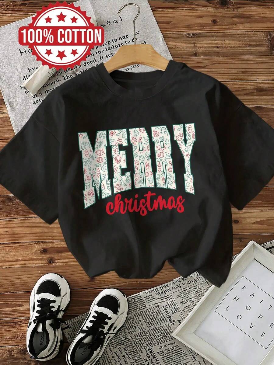 | Exquisite Design | Loose And Comfortable | Easy To Match | Women's Vintage Christmas Print T-Shirt - 100% Cotton, Short Sleeve, Round Neck, Casual Style, With Festive Red Lettering And Snowflake And Candy Cane Designs - Comfortable For Christmas Parties And All-Season Wear. - 黑色 - 查看 1