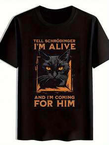 Men's Casual Graphic T-Shirt - Features A Black Cat With Orange Eyes And A Humorous Schrödinger Design, Soft Crew Neck Summer Tee, Machine Washable Science-Inspired Apparel, Easy Care Clothes | Unique Printed Tees | Loose And Comfortable Relaxed Fit Shirts - Back - View 6