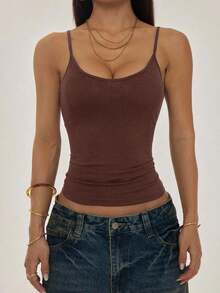 PETITE Camisola sin Mangas con Bajo Arrugado para Mujer, Estilo Casual, Color Sólido - Marrón - Ver 3