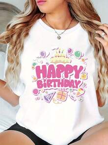 New 2026 Collection: Cotton T-Shirt, New Women's Fashion With Letter Print, Round Neck, Casual, Comfortable And Soft For All Seasons, Simple And Versatile, Stylish And Elegant With Colorful Print, Happy Birthday. - 白色 - 查看 12