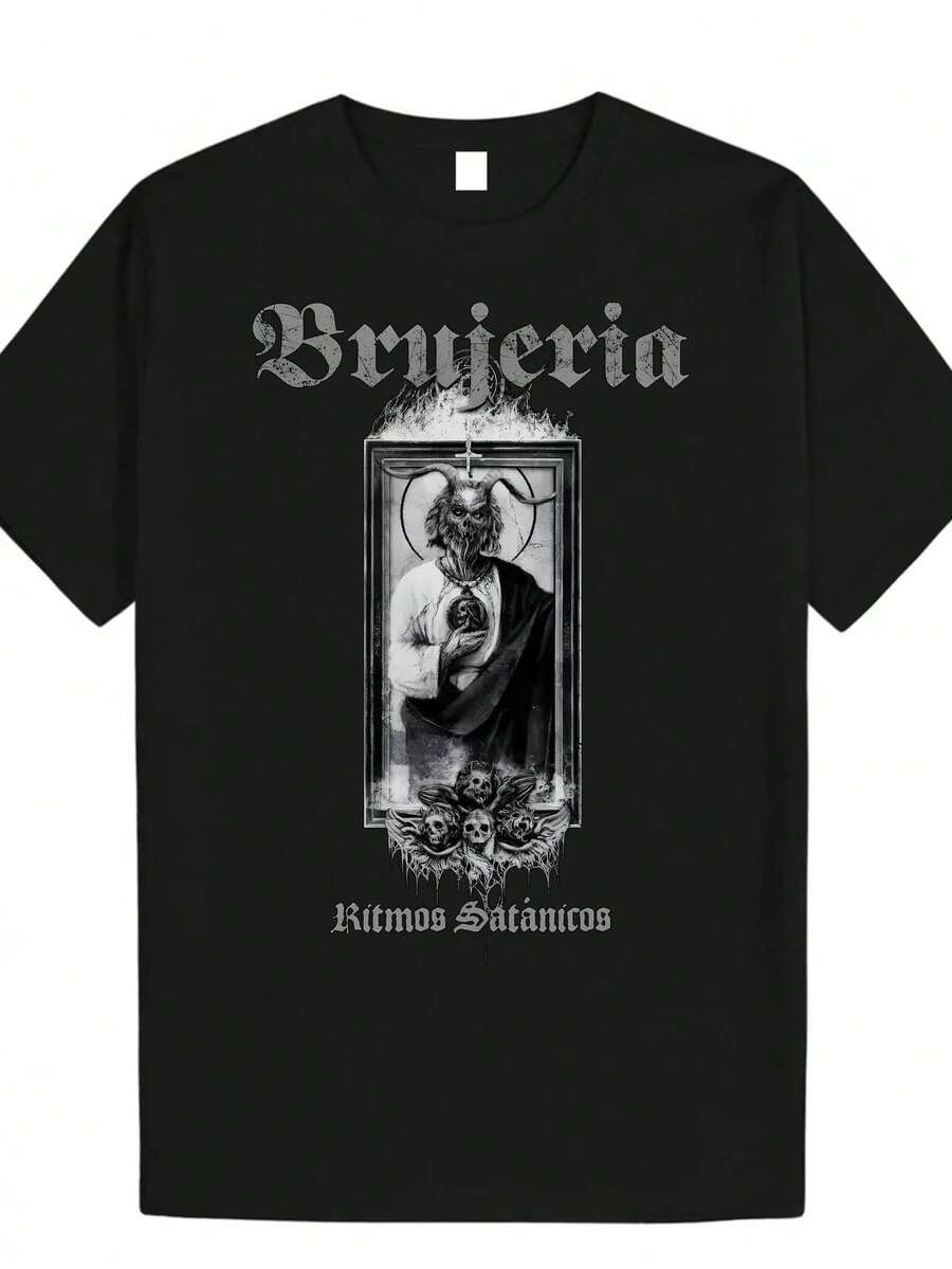 Men's Vintage Black Street Style T-Shirt With Gothic Satanic Horror And Demon Art Print, Ideal For Witchcraft Ceremonies, Band Merchandise, Music Festivals, Halloween Parties, Dark Metal Rock Style, Summer And Autumn Streetwear. - 黑色 - 查看 1